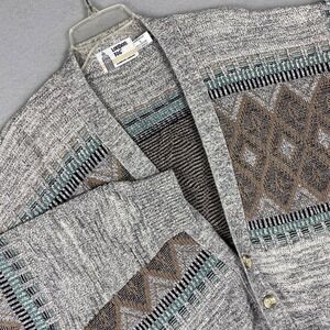 London Fog Vintage Mens Large Grey Geometric Diamond Knit Button Front Cardigan